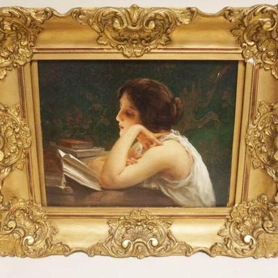 1013	OIL PAINTING ON CANVAS OF YOUNG WOMAN LEANING ON TABLE READING BOOKS SIGNED A LENOIR, APPROXIMATELY 17 IN X 14 IN OVERALL, IMAGE...