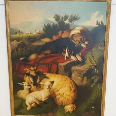 1001	LARGE OIL PAINTING ON CANVAS OF DOGS LAYING IN PASTURE W/SHEEP, ARTIST SIGNED LOWER LEFT, APPROXIMATELY 43 IN X 53 IN OVERALL,...
