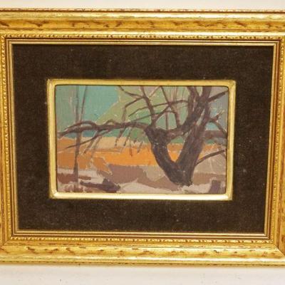 1054	OIL PAINTING ON BOARD, IMPRESSIONIST LANDSCAPE, APPROXIMATELY 8 IN X 10 IN OVERALL, IMAGE APPROXIMATELY 5 IN X 4 IN
