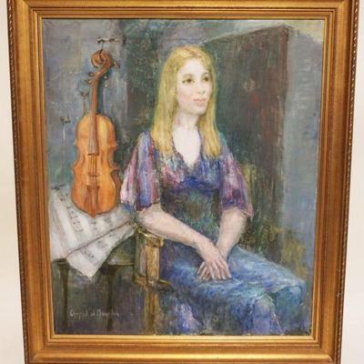 1080	OIL PAINTING ON CANVAS, YOUNG WOMAN SEATED W/VIOLIN, ARTIST SIGNED LOWER LEFT, APPROXIMATELY 24 IN X 28 IN OVERALL, IMAGE...