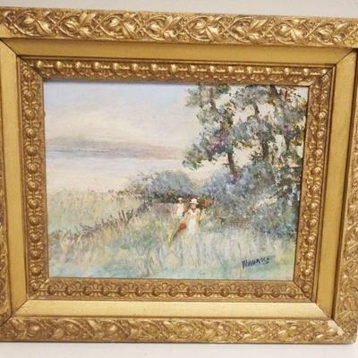 1009	MAURICE J STEIN OIL PAINTING ON BOARD, WOMAN IN TALL GRASS MEADOW BY LAKE SHORE, APPROXIMATELY 14 1/2 IN X 12 1/2 IN OVERALL
