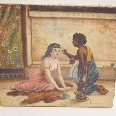 1041	OIL PAINTING ON CANVAS, WOMAN HAVING MAKEUP APPLIED, SOME LOSS TO CANVAS, APPROXIMATELY 12 IN X 14 IN

