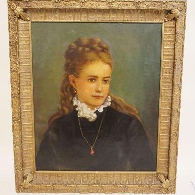 1025	OIL PAINTING ON CANVAS, PORTRAIT OF A YOUNG WOMAN, APPROXIMATELY 24 IN X 28 IN OVERALL, IMAGE APPROXIMATELY 18 IN X 22 IN

