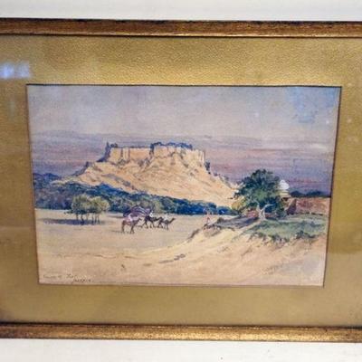 1106	WATERCOLOR DESERT LANDSCAPE WITH PEOPLE ON HORSES, ARTIST SIGNED LOWER LEFT, TITLED *VIEW OF THE FORT*, APPROXIMATELY 19 IN X 15 IN
