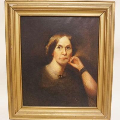 1083	OIL PAINTING ON CANVAS PORTRAIT OF WOMAN PARTIAL TAG ON BACK FRAME W/PROVIDENCE, SOME LOSS TO CANVAS, APPROXIMATELY 27 IN X 31 IN...