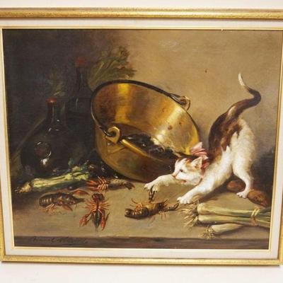 1093	OIL PAINTING ON CANVAS KITTEN W/BOW COLLAR CAUGHT W/LOBSTERS, ARTIST SIGNED LOWER LEFT, APPROXIMATELY 25 IN X 29 IN OVERALL, IMAGE...