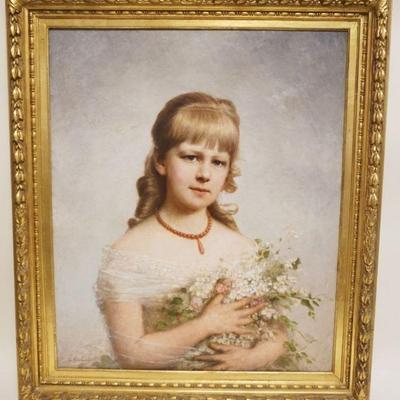 1086	OIL PAINTING ON CANVAS PROTRAIT OF YOUNG GIRL HOLDING FLOWERS, SIGNED G GERHARDT? 1888, APPROXIMATELY 31 IN X 36 IN OVERALL, IMAGE...