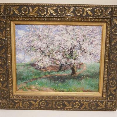 1088	CHARLES ALBERT BURLINGAME OIL PAINTING ON CANVAS, BOARD BACKED, OF CHERRY TREES, APPROXIMATELY 25 IN X 28 IN OVERALL, IMAGE...