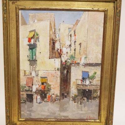 1028	OIL PAINTING ON CANVAS CITY SCENE, ARTIST SIGNED LOWER RIGHT, APPROXIMATELY 15 IN X 19 IN OVERALL, IMAGE APPROXIMATELY 11 IN X 15 IN
