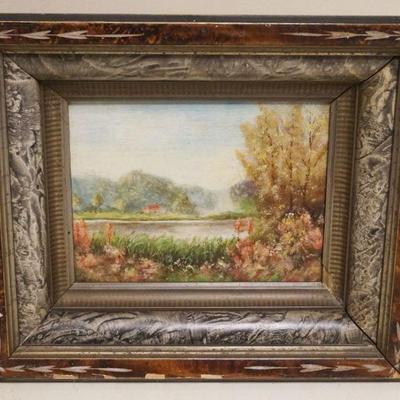1007	OIL PAINTING ON BOARD LANDSCAPE W/COTTAGE ON LAKE IN VICTORIAN SHADOW BOX FRAME, ARTIST SIGNED, APPROXIMATELY 11 IN X 12 1/2 IN...