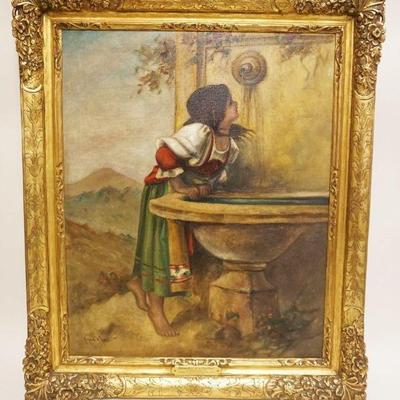 1016	OIL PAINTING ON CANVAS ROMAN GIRL AT FOUNTAIN EUGENE LA FORET AFTER LEON BONNAT, APPROXIMATELY 31 IN X 37 IN OVERALL, IMAGE...