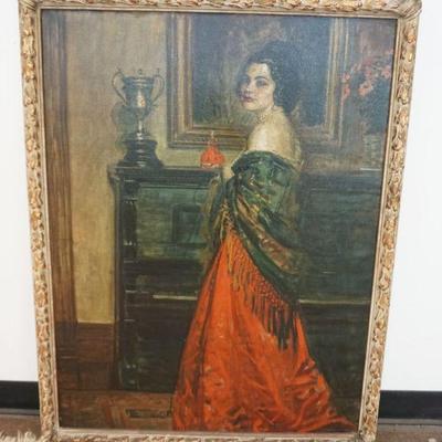 1100	OIL PAINTING ON CANAS PORTRAIT OF WOMAN WEARING A SHAW IN FRONT OF A PIANO, ARTIST SIGNED, APPROXIMATELY 33 IN X 43 IN OVERALL,...