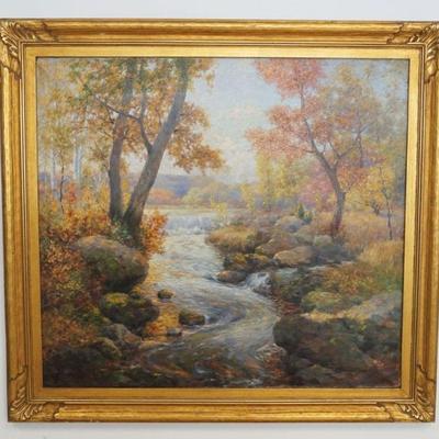 1091	CHARLES ALBERT BURLINGAME OIL PAINTING ON CANVAS AUTUMN LANDSCAPE W/STREAM, APPROXIMATELY 48 IN X 44 IN OVERALL, IMAGE APPROXIMATELY...