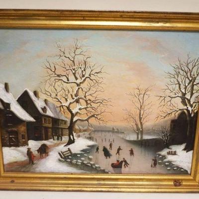 1027	OIL PAINTING ON CANVAS WINTER SCENE OF VILLAGE W/ICE SKATERS & SLEDS, APPROXIMATELY 27 IN X 21 IN OVERALL, IMAGE APPROXIMATELY 24 IN...
