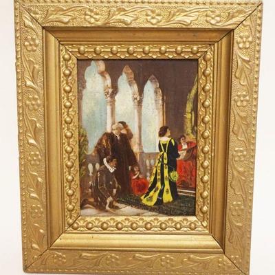 1020	OIL PAINTING ON BOARD A COURTING SCENE ON BALCONY, APPROXIMATELY 11 IN X 13 IN OVERALL, IMAGE APPROXIMATELY 6 IN X 8 IN
