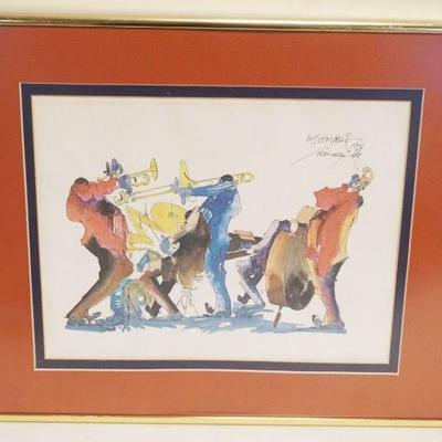 1063	LEO MEIERSDORFF JAZZ MUSICIAN NEW ORLEANS WATERCOLOR FRAMED & MATTED, APPROXIMATELY 14 IN X 18 IN OVERALL, IMAGE APPROXIMATELY 9...