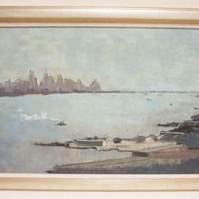 1064	OIL PAINTING MIDCENTURY MODERN VIEW OF CITY SKYLINE, ARTIST SIGNED, APPROXIMATELY 25 IN X 40 IN OVERALL, IMAGE APROXIMATELY 36 IN X...