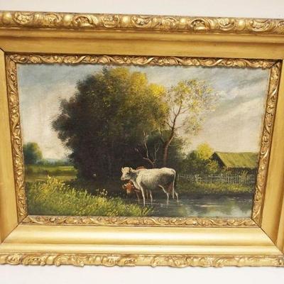 1018	OIL PAINTING ON CANVAS COWS AT WATER SIDE DRINKING W/FIELD & BARN IN BACKGROUND, APPROXIMATELY 19 IN X 24 IN OVERALL, IMAGE...