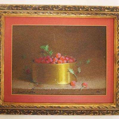 1046	OIL PAINTING ON BOARD DONALD F ALLAN 1985, RASPBERRY STILL LIFE, APPROXIMATELY 14 IN X 17 IN OVERALL, IMAGE APPROXIMATELY 9 IN X 12 IN
