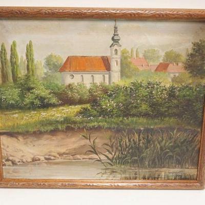 1044	OIL PAINTING ON CANVAS OF ITALIAN STYLE VILLA, ARTIST SIGNED LOWER RIGHT, APPROXIMATELY 8 IN X 22 IN OVERALL
