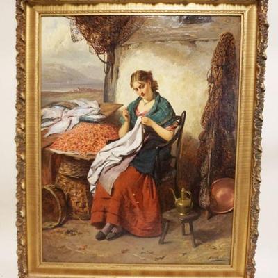 1051	EDWARD CHARLES BARNES OIL PAINTING ON CANVAS SEATED WOMAN SEWING *ENGLISH FISHERMANS DAUGHTER* ROYAL ACADEMY, APPPROXIMATELY 34 IN X...