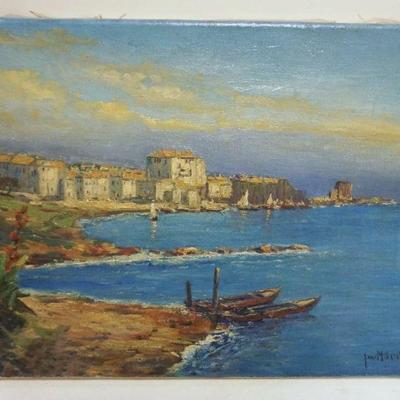 1029	OIL PAINTING ON CANVAS MEDITERRANEAN HARBOR, ARTIST SIGNED LOWER RIGHT, APPROXIMATELY 12 IN X 16 IN
