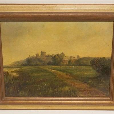 1053	OIL PAINTING ON CANVAS, LANDSCAPE W/CASTLE, APPROXIMATELY 14 IN X 17 IN OVERALL, IMAGE APPROXIMATELY 13 IN X 10 IN
