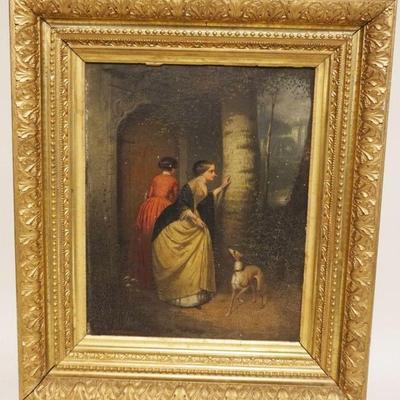 1032	OIL PAINTING ON BOARD 2 LADIES & DOG AT CASTLE DOOR FRONT, ARTIST SIGNED LOWER LEFT, APPROXIMATELY 22 IN X 25 IN OVERALL, IMAGE...