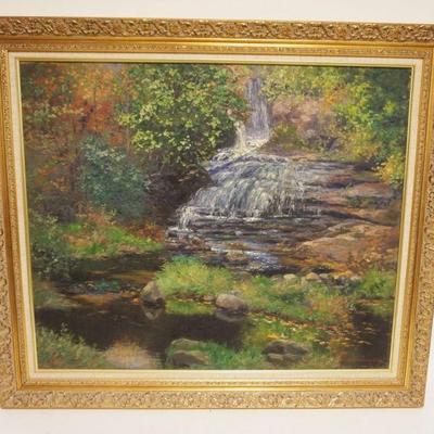 1085	CHARLES ALBERT BURLINGAME OIL PAINTING ON CANVAS, LANDSCAPE W/WATERFALL, APPROXIMATELY 36 IN X 31 IN OVERALL, IMAGE APPROXIMATELY 25...