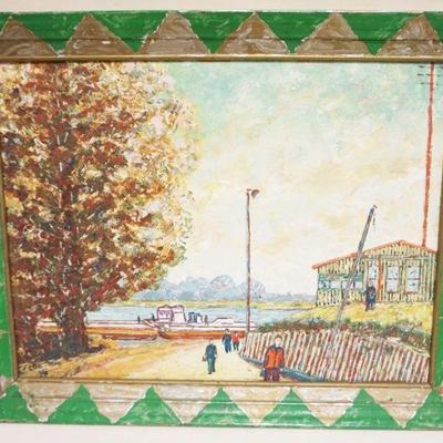1072	FOLK ART OIL PAINTING ON BOARD *QUITTIN TIME* WALKER BOAT YARD ON THE TENESSEE RIVER BY C COOK 96, APPROXIMATELY 22 IN X 28 IN
