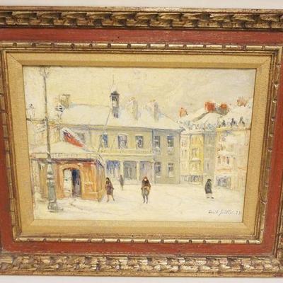 1010	OIL PAINTING ON CANVAS, WINTER STREET SCENE, ARTIST SIGNED EMILE GUILLOT, APPROXIMATELY 23 IN X 19 IN OVERALL, IMAGE APPROXIMATELY...