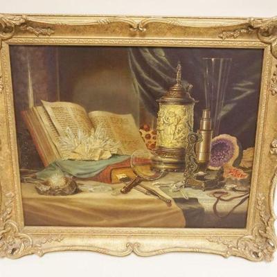 1024	OIL PAINTING ON BOARD DEPICTING DESK TOP W/STEIN, MICROSCOPE, COMPASS, GEODES & CRYSTALS W/BOOKS, ARTIST SIGNED LUDVIG BOROS,...
