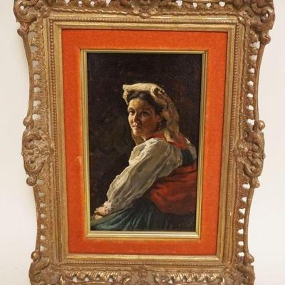 1012	OIL PAINTING ON BOARD OF SEATED WOMAN SIGNED F BRAMLEY NEW YORK SCHOOL DATED 1880, APPROXIMATELY 11 IN X 15 IN OVERALL, IMAGE...