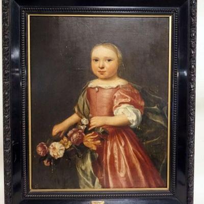 1105	OIL PAINTING ON BOARD, PORTRAIT OF YOUNG GIRL, JAN DE BRAY, APPROXIMATELY 31 IN X 38 IN, IMAGE 23 IN X 29 IN, SOME PAINT LOSS
