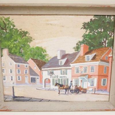 1077	OIL PAINTING ON BOARD, FOLK ART PAINTING OF PENN HOTEL, ARTIST SIGNED LOWER RIGHT & HISTORY ANNOTATED ON BACK, APPROXIMATELY 19...