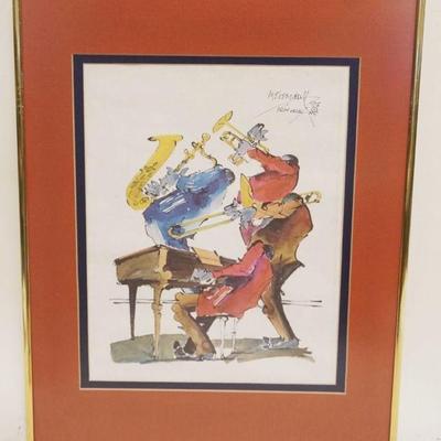 1062	LEO MEIERSDORFF JAZZ MUSICIAN NEW ORLEANS WATERCOLOR FRAMED & MATTED, APPROXIMATELY 14 IN X 18 IN OVERALL, IMAGE APPROXIMATELY 9...