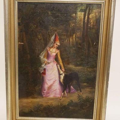 1039	OIL PAINTING ON CANVAS OF PRINCESS WALKING W/DOG IN FORREST, ARTIST SIGNED LOWER RIGHT, SOME SCRATCHES & PAINT LOSS, ANNOTATED...