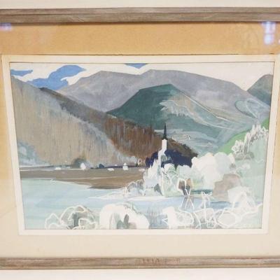 1066	WATERCOLOR ABSTRACT, LANDSCAPE W/CHURCH, ARTIST SIGNED, APPROXIMATELY 22 IN X 28 IN OVERALL, IMAGE APPROXIMATELY 14 IN X 22 IN
