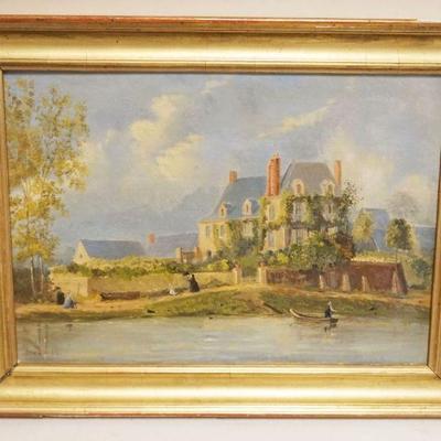 1014	OIL PAINTING ON CANVAS, LARGE ESTATE ON SHORELINE W/PEOPLE WALKING & BOATING, ARTIST SIGNED G CLAVEL
