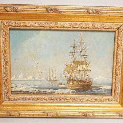 1045	CONTEMPORARY OIL PAINTING ON BOARD OF SAILING SHIP, APPROXIMATELY 8 IN X 10 IN OVERALL, IMAGE APPROXIMATELY 5 IN X 7 IN
