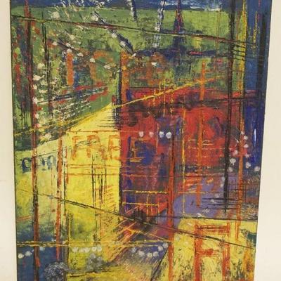 1030	OIL PAINTING ON BOARD ABSTRACT *CARNIVAL ATHENS GA* ARTIST SIGNED GOMMOLL 1954

