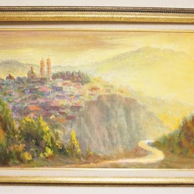 1071	OIL PAINTING ON CANVAS, ABSTRACT LANDSCAPE, ARTIST SIGNED LOWER RIGHT, APPROXIMATELY 19 IN X 32 IN OVERALL, IMAGE APPROXIMATELY 27...