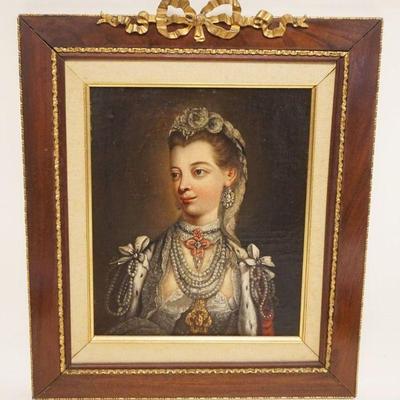 1003	OIL PAINTING ON CANVAS QUEEN CHARLOTTE IN FRAME W/GILT BOW CREST, APPROXIMATELY 15 IN X 18 IN OVERALL
