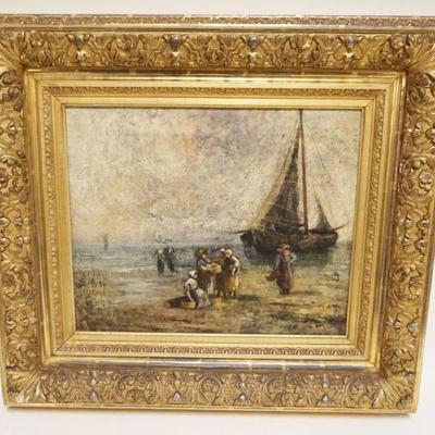 1008	ARTIST SIGNED ANTIQUE OIL PAINTING ON CANVAS, DUTCH SHORE SCENE, APPROXIMATELY 24 IN X 27 IN OVERALL
