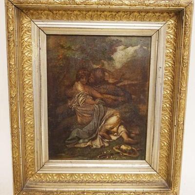 1021	OIL PAINTING ON BOARD, MAN & WOMAN COURTING SCENE IN FOREST, APPROXIMATELY 12 1/2 IN X 15 IN OVERALL, IMAGE APPROXIMATELY 7 1/2...