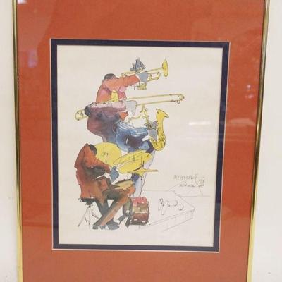 1061	LEO MEIERSDORFF JAZZ MUSICIAN NEW ORLEANS WATERCOLOR FRAMED & MATTED, APPROXIMATELY 14 IN X 18 IN OVERALL, IMAGE APPROXIMATELY 9...