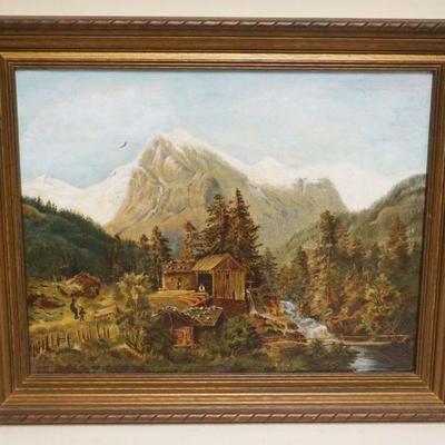 1002	OIL PAINTING ON CANVAS W/IMAGE OF MOUNTAINSIDE W/CABIN, WATERFALL & STREAM, APPROXIMATELY 21 IN X 17 IN OVERALL
