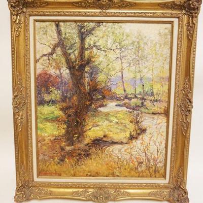 1101	CHARLES ALBERT BURLINGAME OIL PAINTING ON CANVAS LANDSCAPE WOODED STREAM *SWIRLING WATERS* APPROXIMATELY 27 IN X 31 IN OVERALL,...
