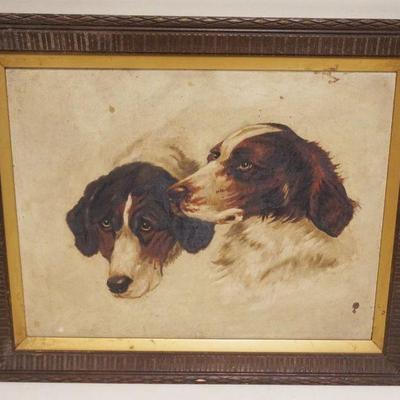 1082	OIL PAINTING ON CANVAS, 2 DOGS, APPROXIMATELY 17 IN X 21 IN OVERALL, IMAGE APPROXIMATELY 16 IN X 13 IN, SOME DISCOLORED SPOTS

