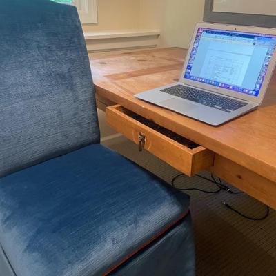 Farmhouse Desk / One Drawer. 66” W x 36” D x 29.5” H. Parson Side Chair
